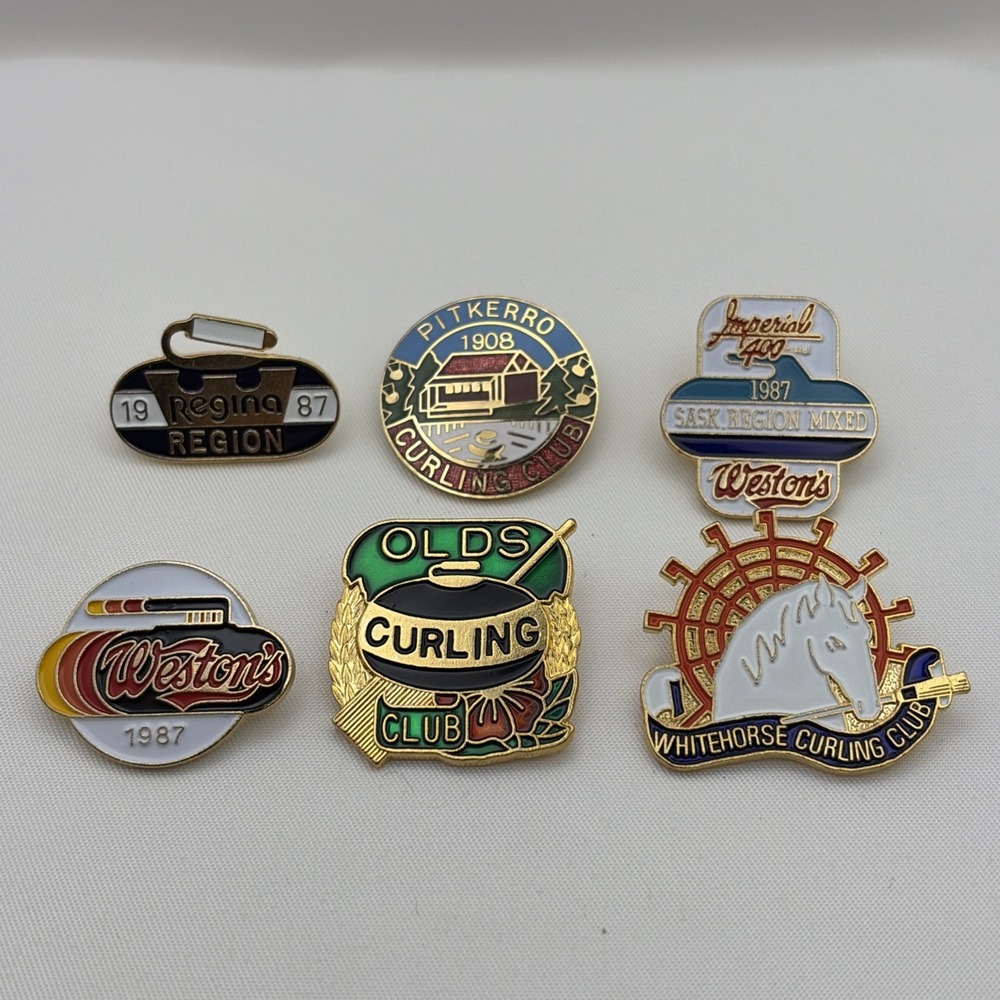 Lot Of 6 Curling Club Canada Weston’s Pitkerro Whitehorse Olds Lapel Hat Pins